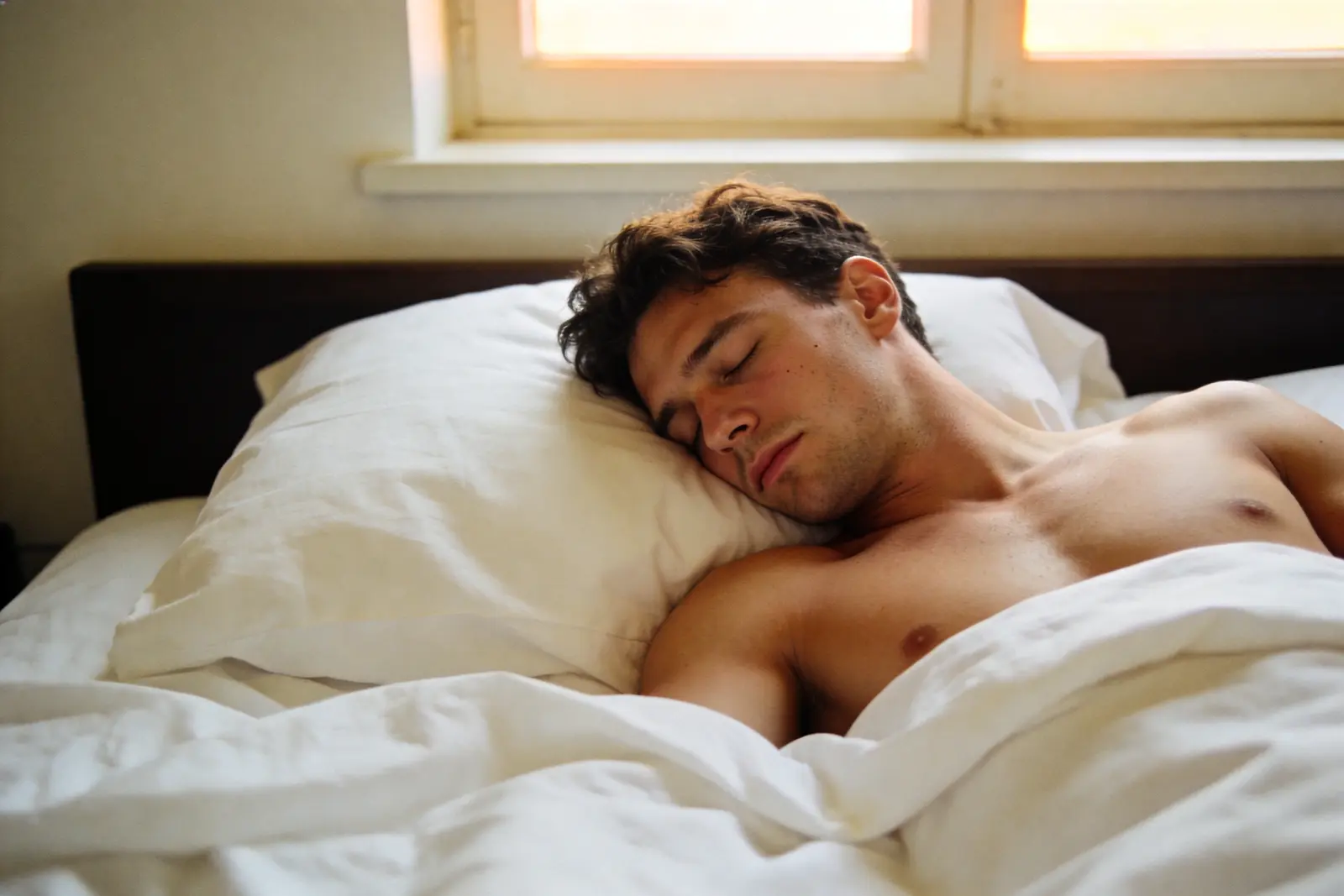 Man asleep in bed in early morning light, peaceful and rested