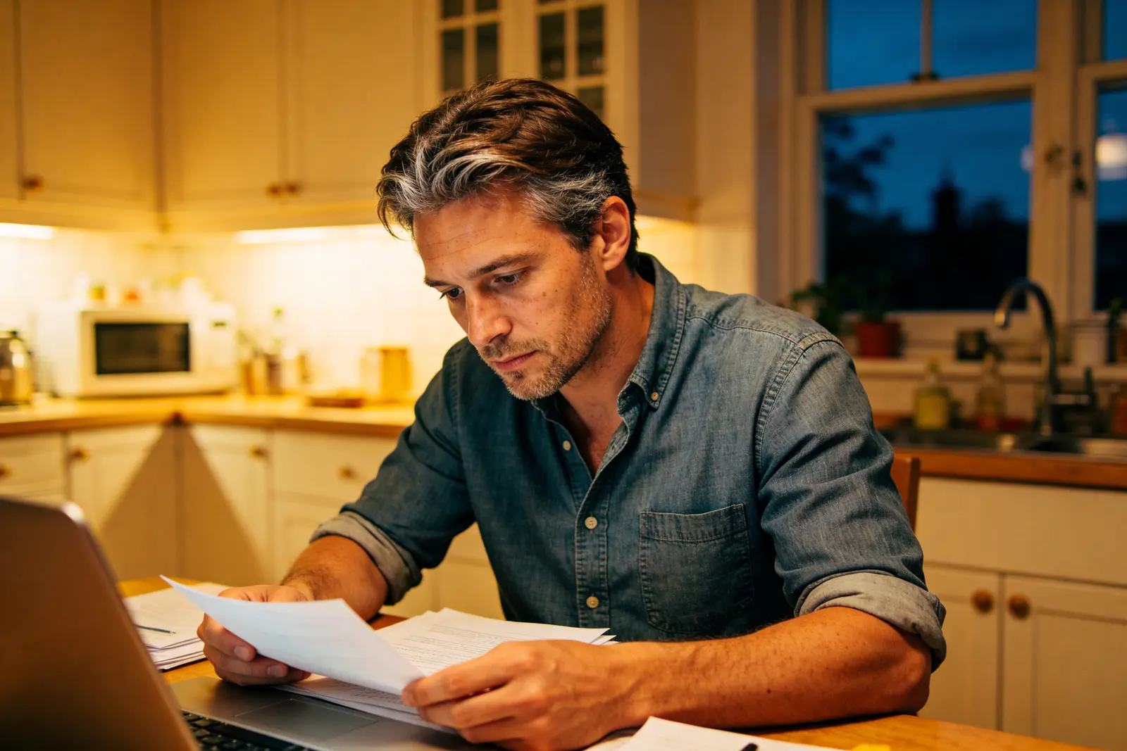 A man in his thirties focused at a kitchen table in the early evening getting through the after-work hours