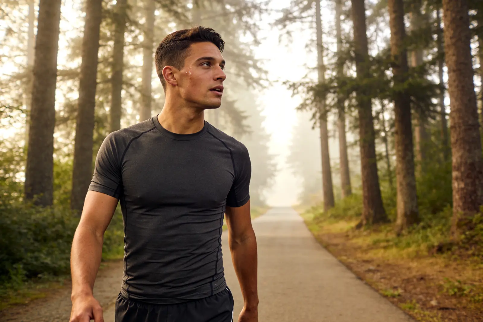 A young man finishing a morning run on a tree-lined path, the daily work that the pill supports