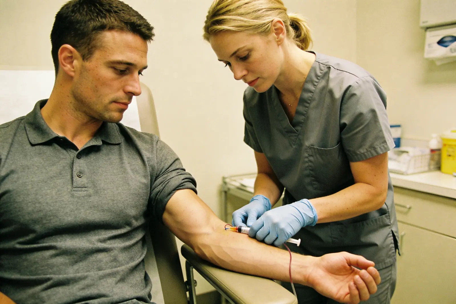 Man having his bloodwork drawn at a clinic for liver monitoring
