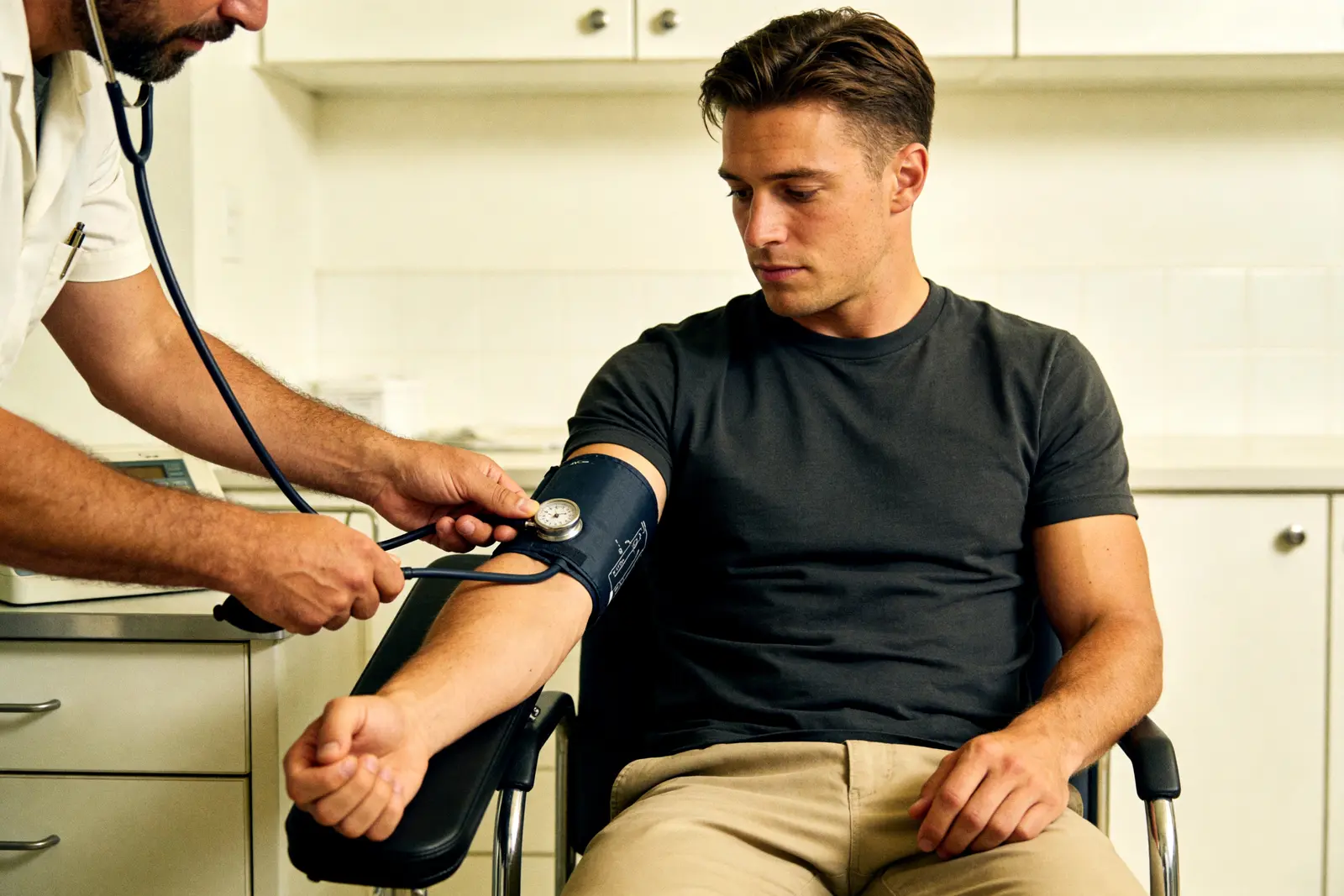 Man getting his blood pressure checked by a clinician at a desk
