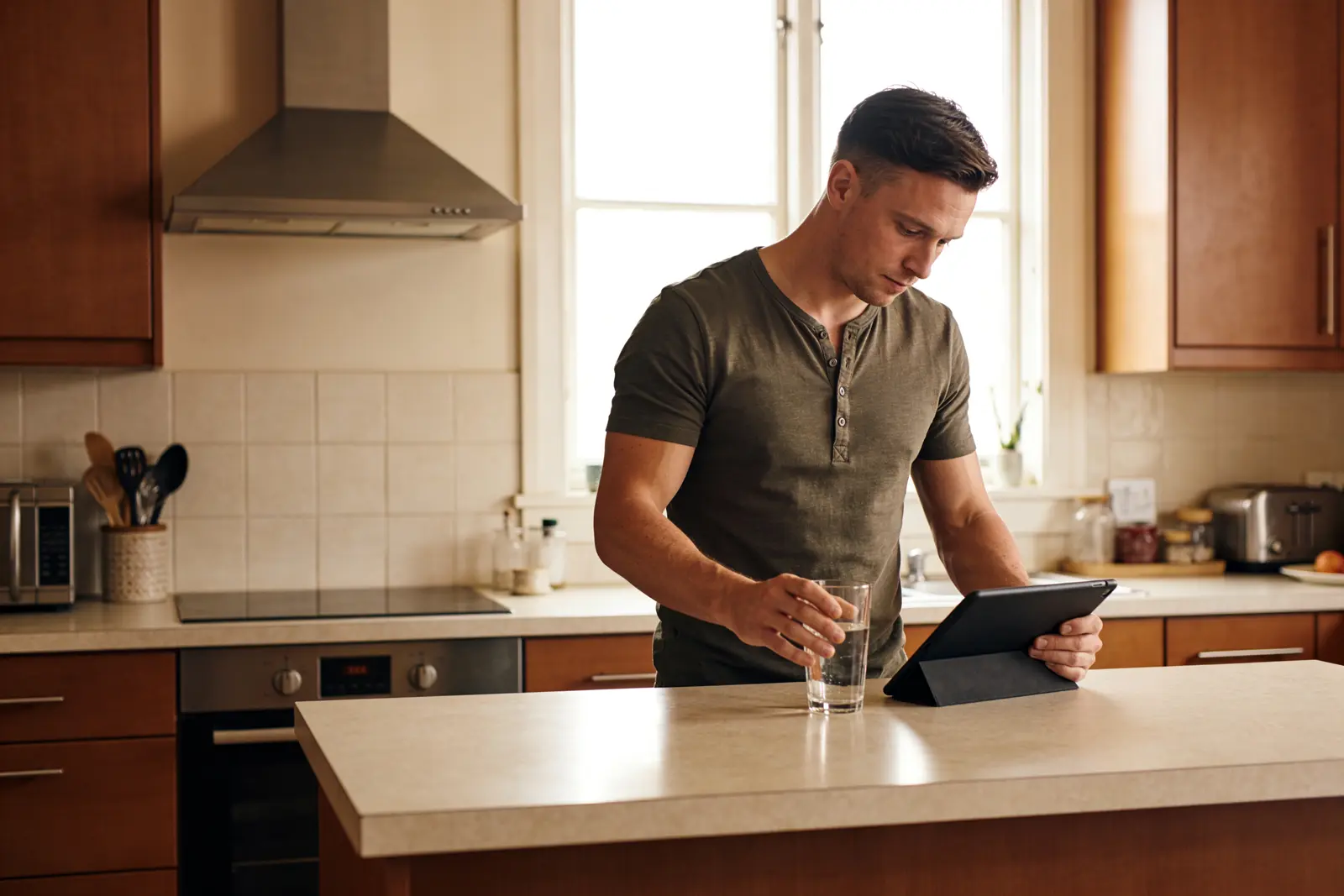 Man taking his morning medication with water at the kitchen counter as part of his routine