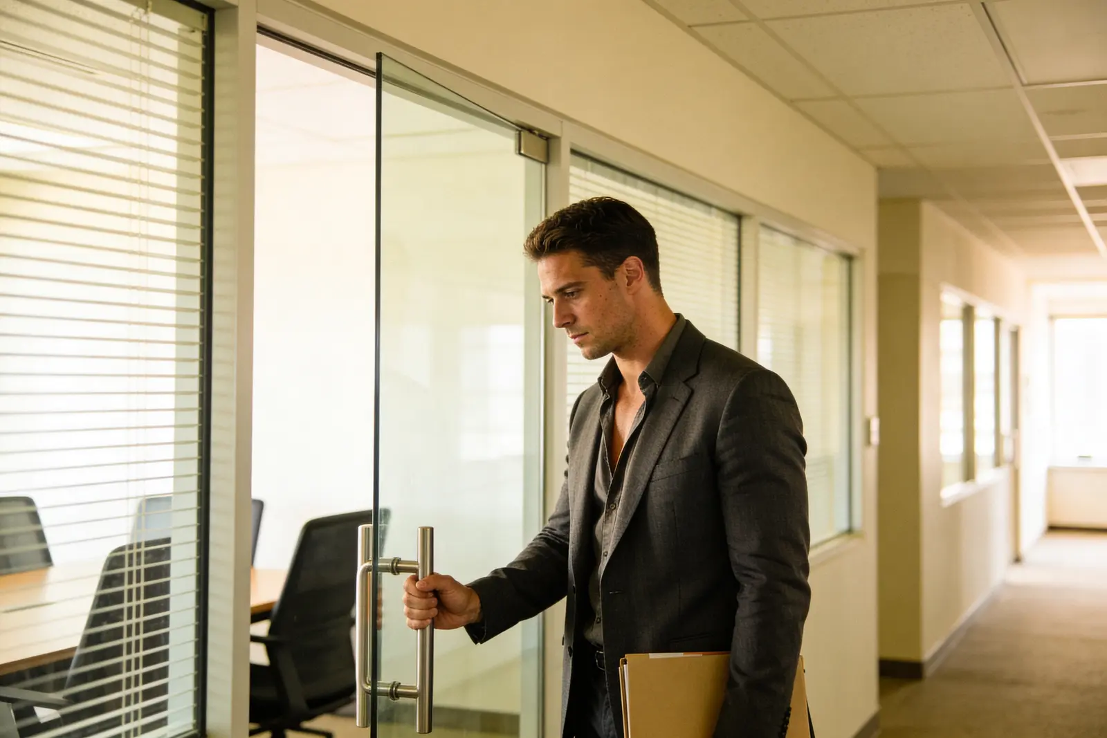 Man pausing outside a conference-room door, gathering himself before walking in to present