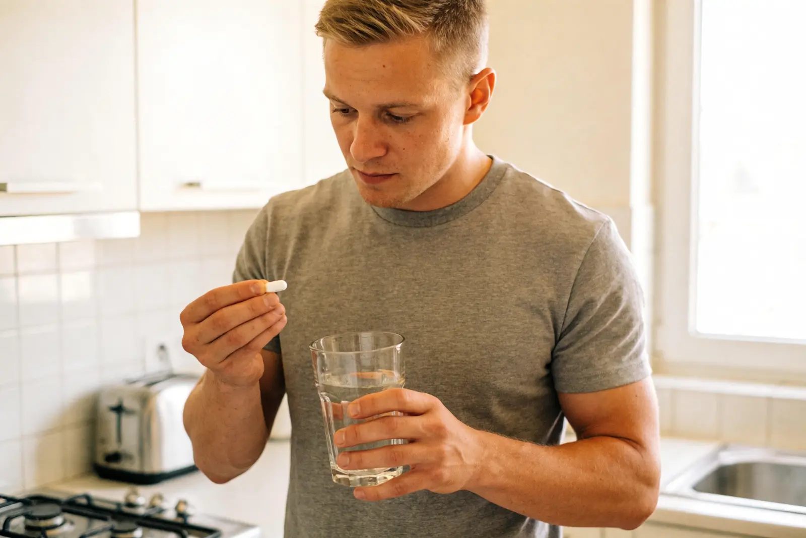 Fit man taking a single small daily pill with a glass of water in a sunlit kitchen