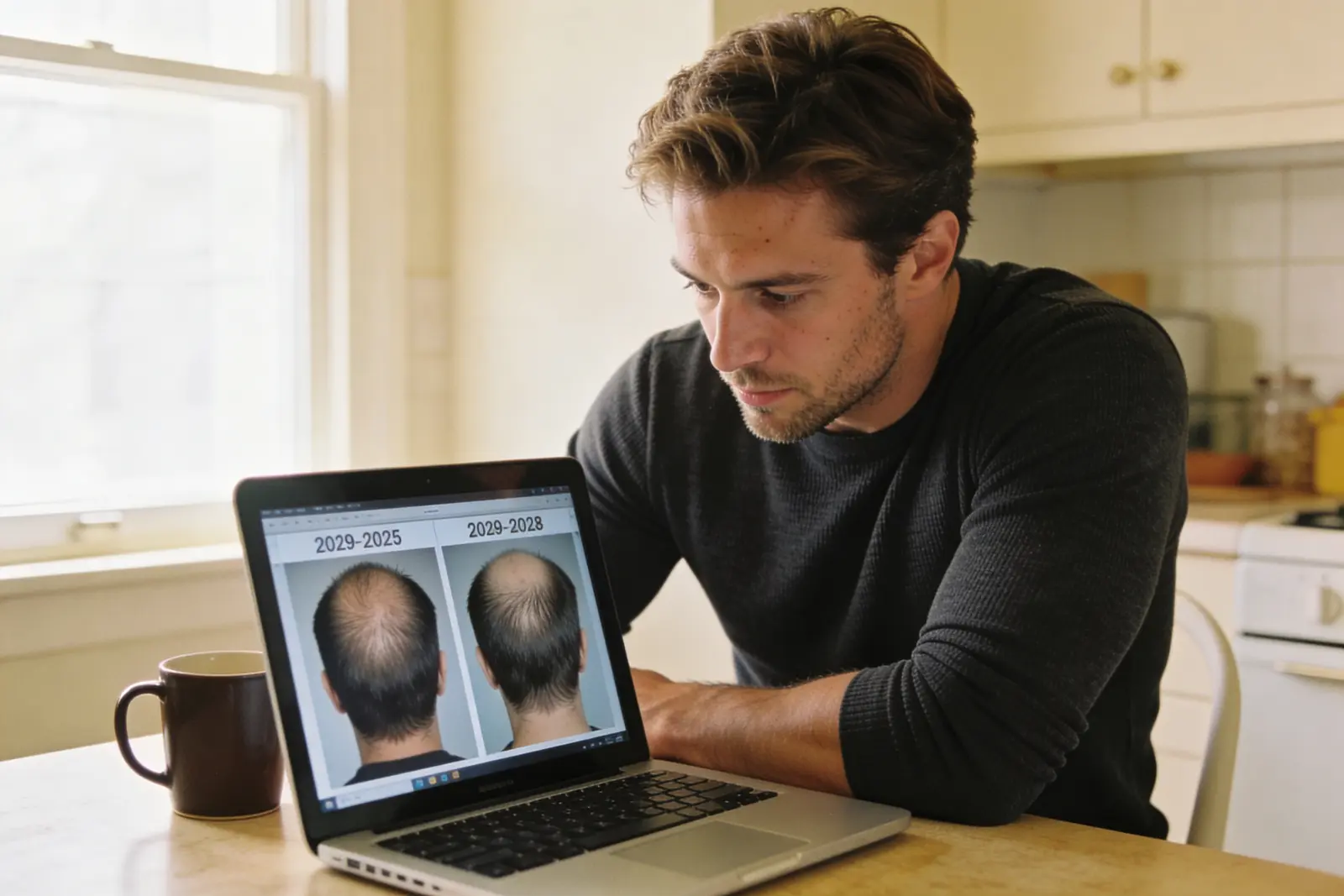 Man at a laptop reviewing two dated progress photos of his hairline side by side