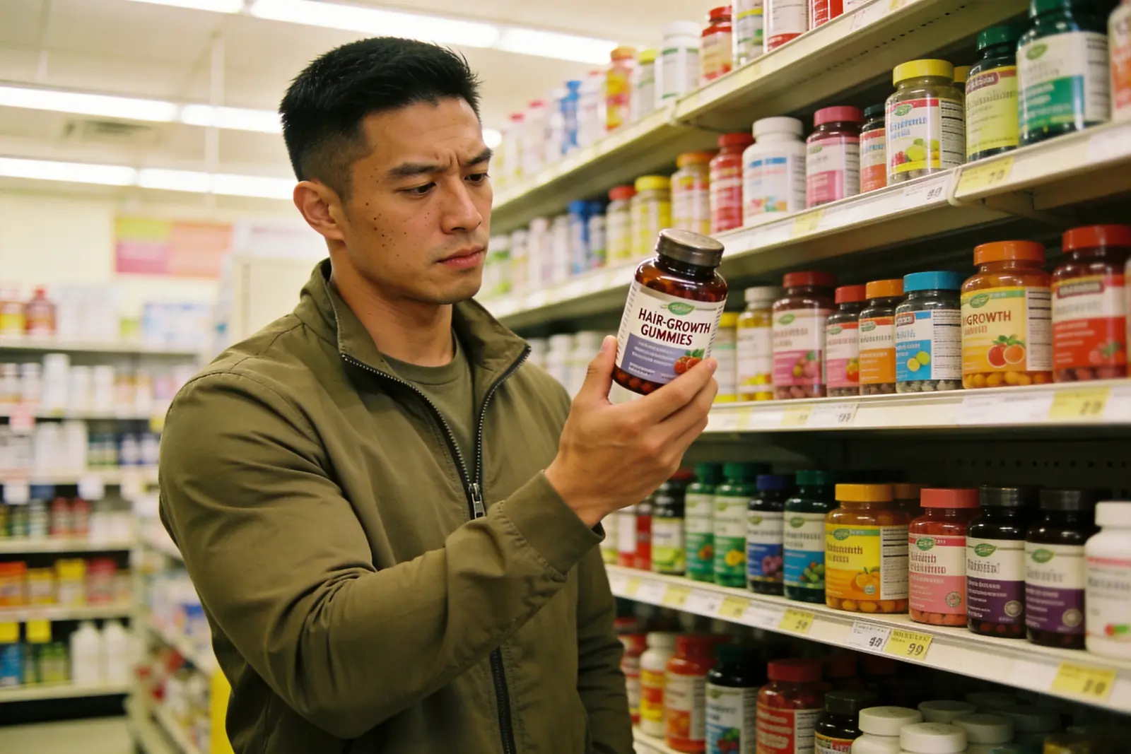 Man in a pharmacy aisle skeptically reading the label on a bottle of hair-growth supplements