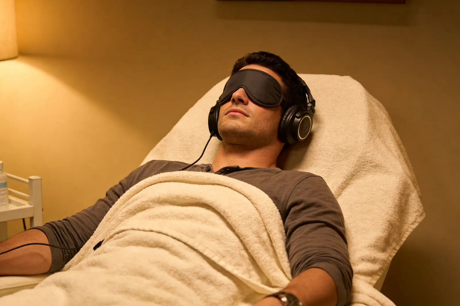 Man reclined with an eye mask and headphones in a softly lit dosing room