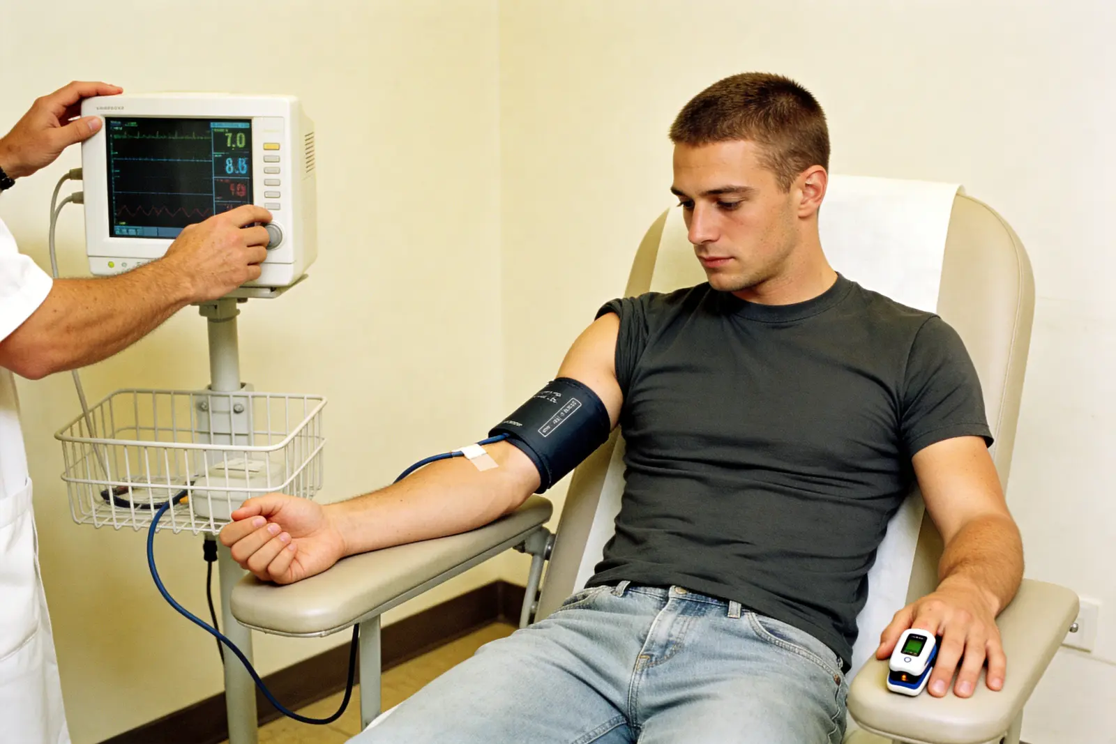 A young man having his blood pressure and vitals checked by clinic staff before a procedure
