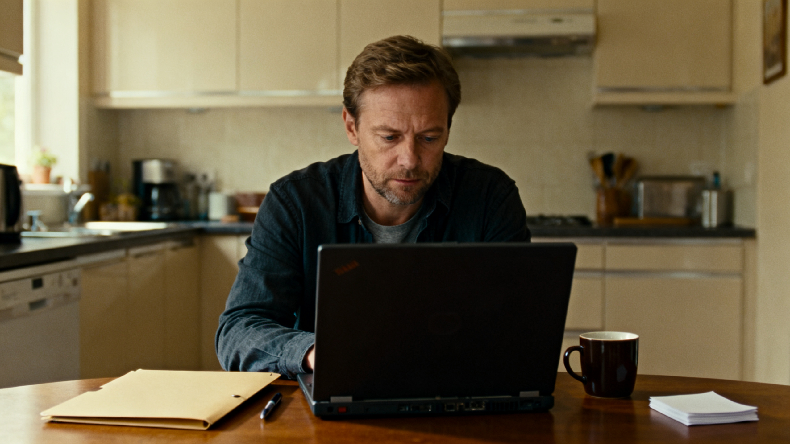 Man reviewing insurance appeal paperwork on a laptop at a kitchen table